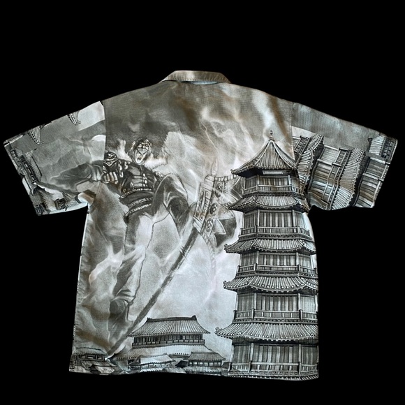 Y2K 00s Wingo Anime Graphic Japan Pagoda Button Down Shirt AOP Polyester Mens XL - Picture 11 of 11